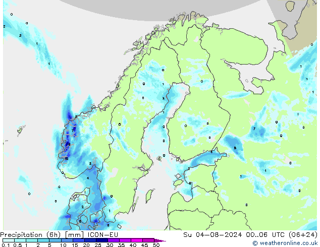 降水量 (6h) ICON-EU 星期日 04.08.2024 06 UTC