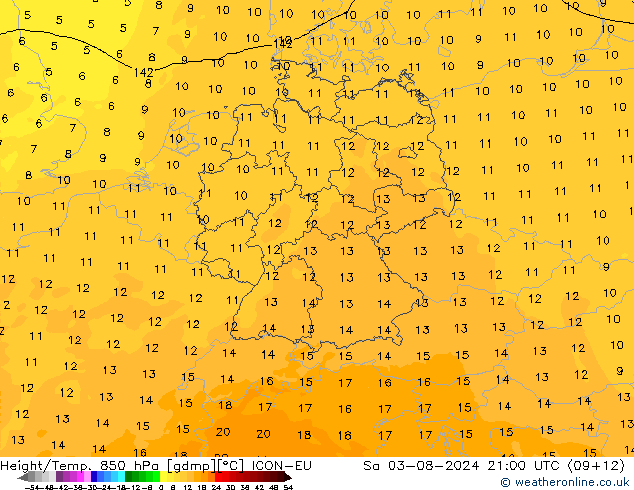 Height/Temp. 850 hPa ICON-EU 星期六 03.08.2024 21 UTC