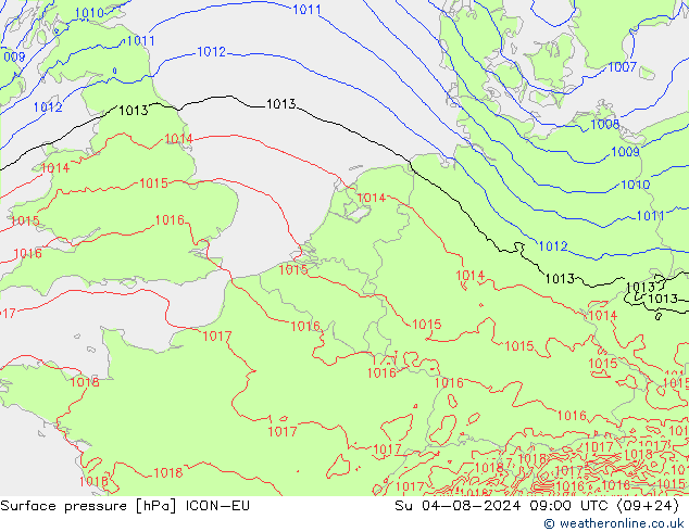 Luchtdruk (Grond) ICON-EU zo 04.08.2024 09 UTC