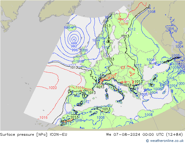 地面气压 ICON-EU 星期三 07.08.2024 00 UTC