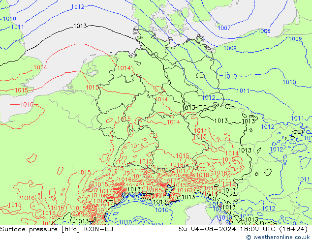 Luchtdruk (Grond) ICON-EU zo 04.08.2024 18 UTC