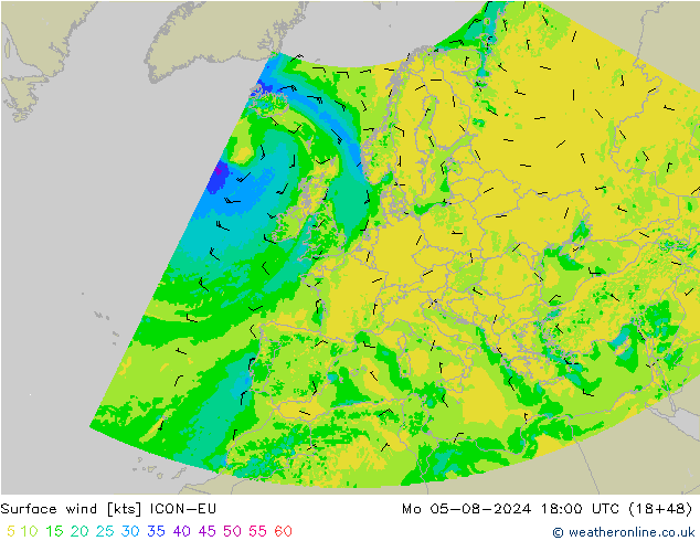 Wind 10 m ICON-EU ma 05.08.2024 18 UTC