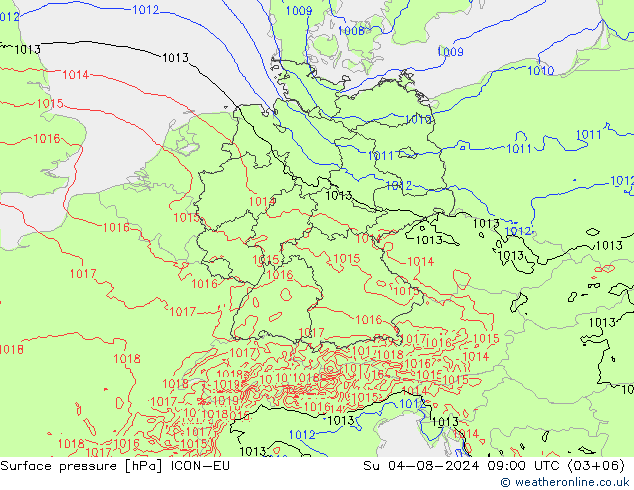 Luchtdruk (Grond) ICON-EU zo 04.08.2024 09 UTC