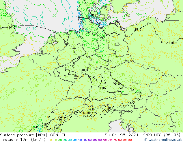Isotachen (km/h) ICON-EU zo 04.08.2024 12 UTC