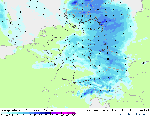 Totale neerslag (12h) ICON-EU zo 04.08.2024 18 UTC