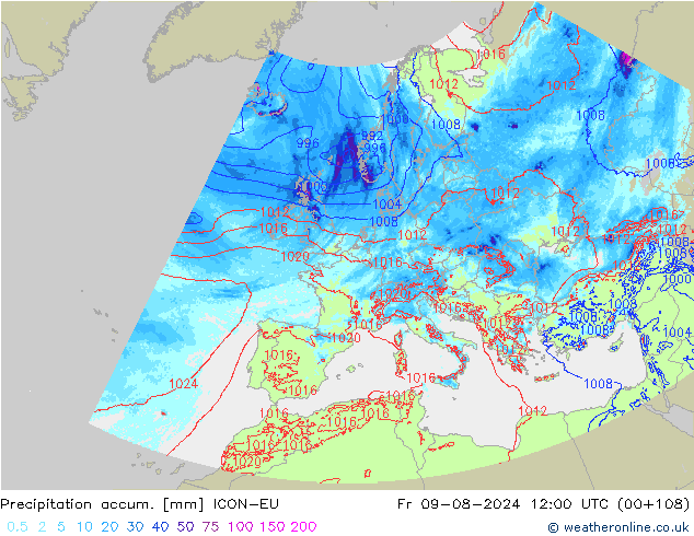 Totale neerslag ICON-EU vr 09.08.2024 12 UTC