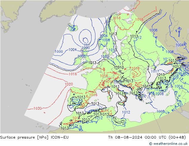 地面气压 ICON-EU 星期四 08.08.2024 00 UTC