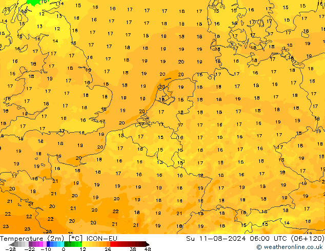 Temperatuurkaart (2m) ICON-EU zo 11.08.2024 06 UTC