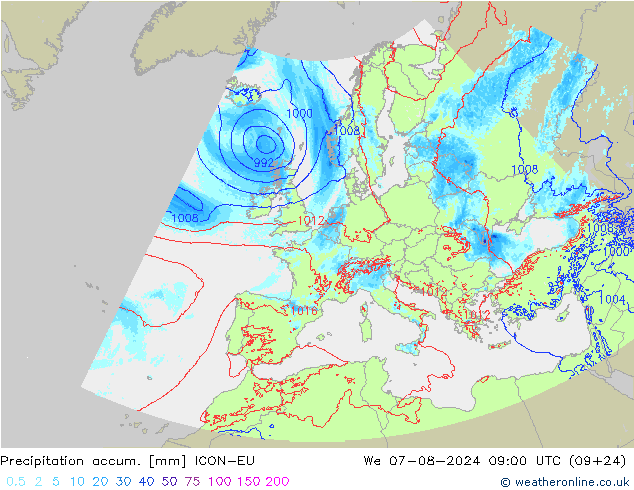 Precipitation accum. ICON-EU 星期三 07.08.2024 09 UTC