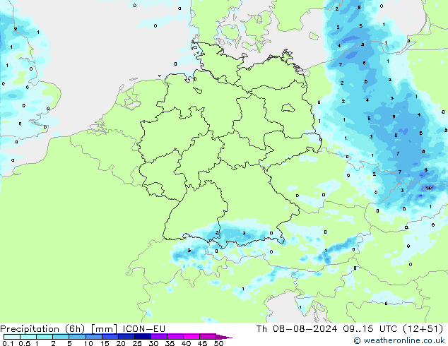 Totale neerslag (6h) ICON-EU do 08.08.2024 15 UTC