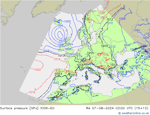 Luchtdruk (Grond) ICON-EU wo 07.08.2024 03 UTC