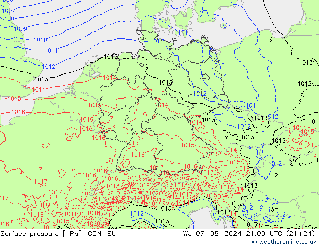 Luchtdruk (Grond) ICON-EU wo 07.08.2024 21 UTC