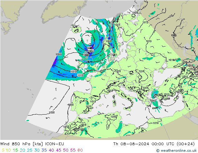 Wind 850 hPa ICON-EU do 08.08.2024 00 UTC