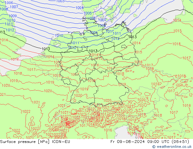 Luchtdruk (Grond) ICON-EU vr 09.08.2024 09 UTC