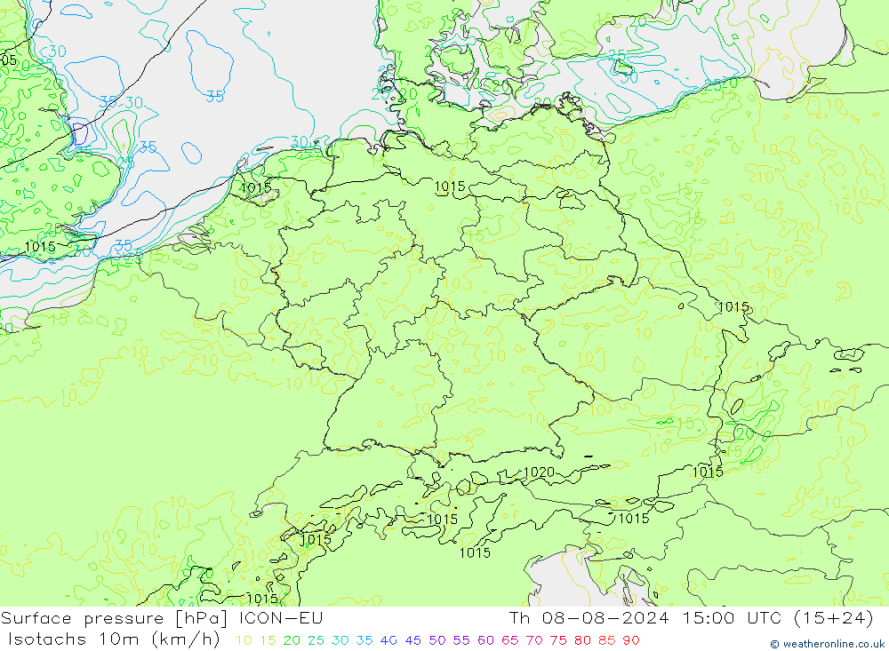 Isotachen (km/h) ICON-EU do 08.08.2024 15 UTC