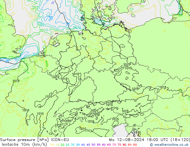 Isotachen (km/h) ICON-EU ma 12.08.2024 18 UTC