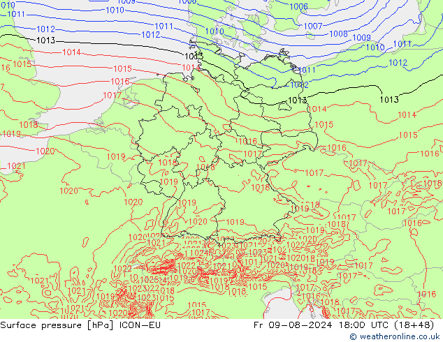 Luchtdruk (Grond) ICON-EU vr 09.08.2024 18 UTC