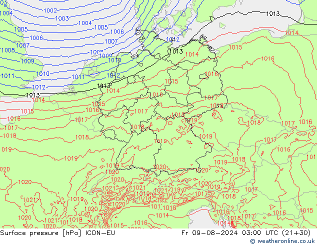 Luchtdruk (Grond) ICON-EU vr 09.08.2024 03 UTC