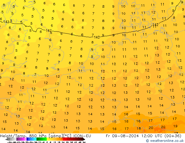 Height/Temp. 850 hPa ICON-EU 星期五 09.08.2024 12 UTC