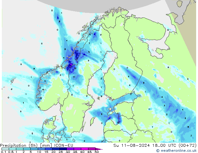 Totale neerslag (6h) ICON-EU zo 11.08.2024 00 UTC