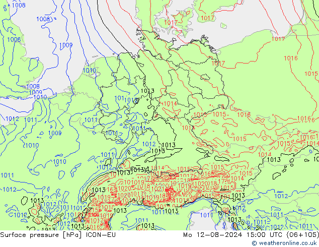 Luchtdruk (Grond) ICON-EU ma 12.08.2024 15 UTC