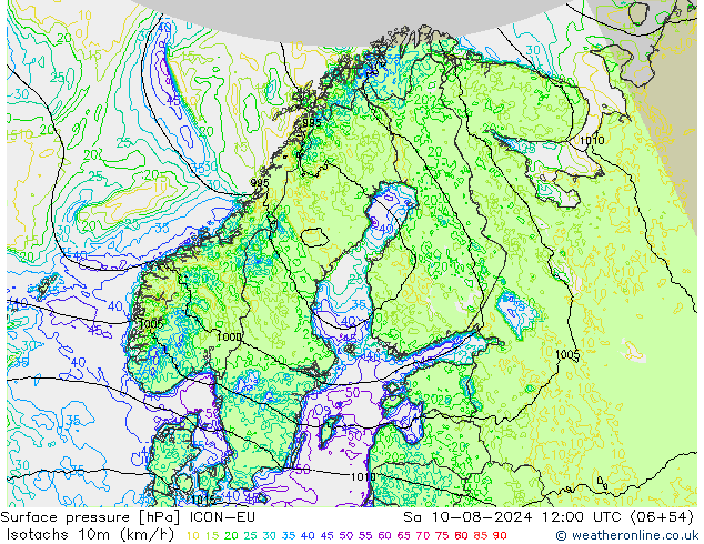 Isotachen (km/h) ICON-EU za 10.08.2024 12 UTC