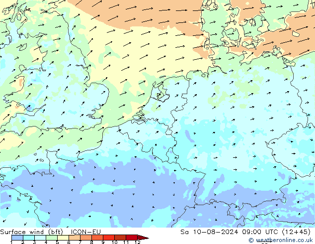 Wind 10 m (bft) ICON-EU za 10.08.2024 09 UTC