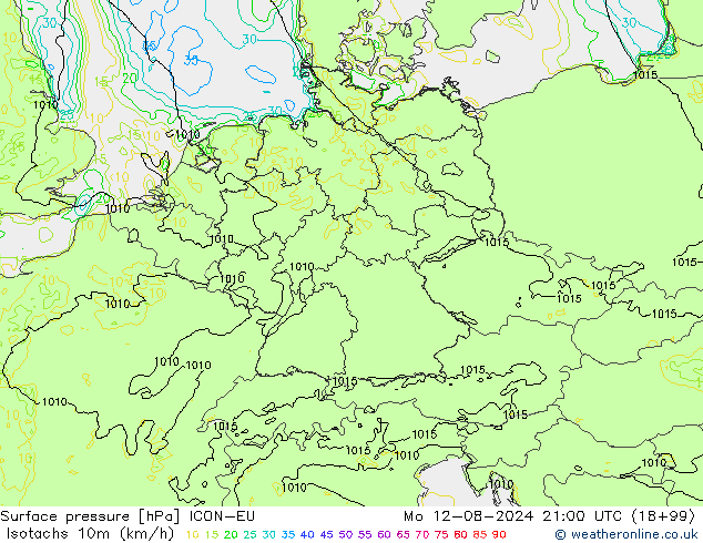 10米等风速线 (kph) ICON-EU 星期一 12.08.2024 21 UTC