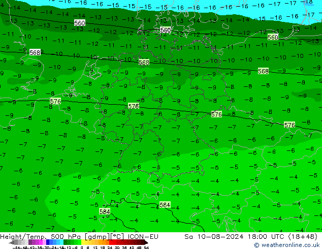 Height/Temp. 500 hPa ICON-EU 星期六 10.08.2024 18 UTC