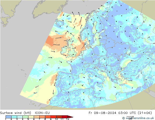 Wind 10 m (bft) ICON-EU vr 09.08.2024 03 UTC