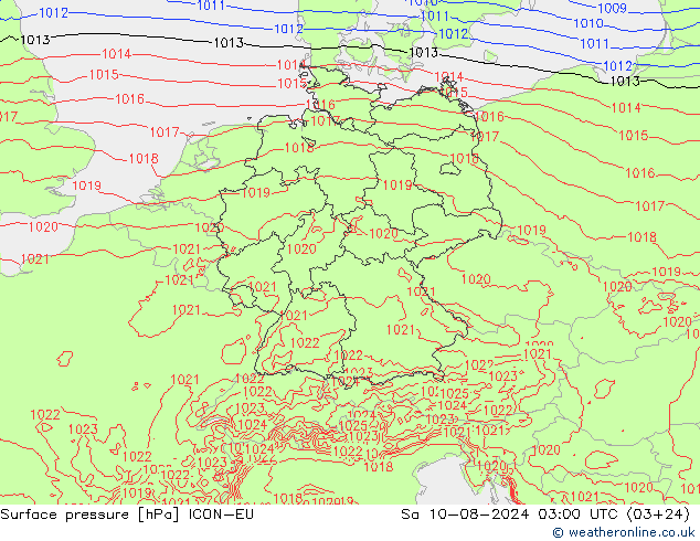 地面气压 ICON-EU 星期六 10.08.2024 03 UTC