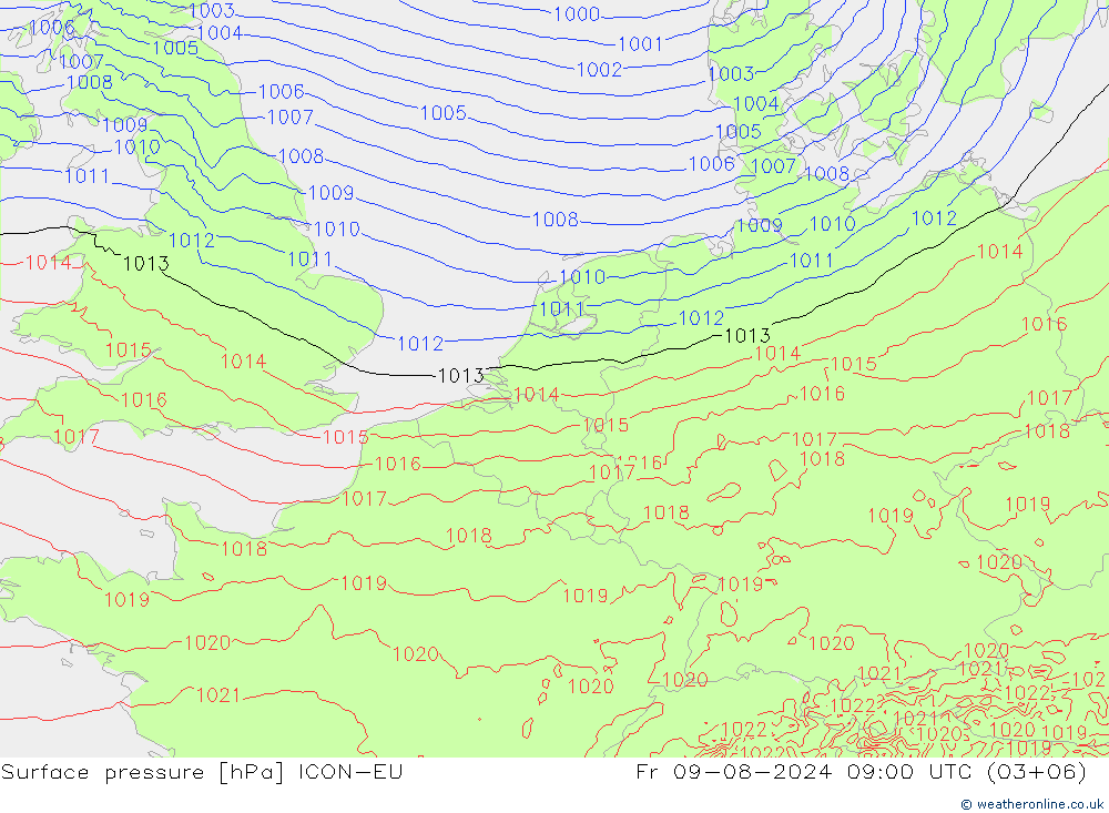 地面气压 ICON-EU 星期五 09.08.2024 09 UTC