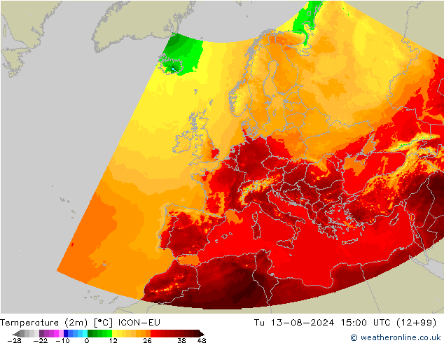 Temperatuurkaart (2m) ICON-EU di 13.08.2024 15 UTC