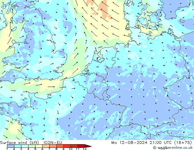 Wind 10 m (bft) ICON-EU ma 12.08.2024 21 UTC