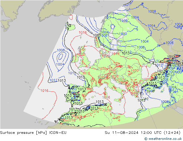 地面气压 ICON-EU 星期日 11.08.2024 12 UTC