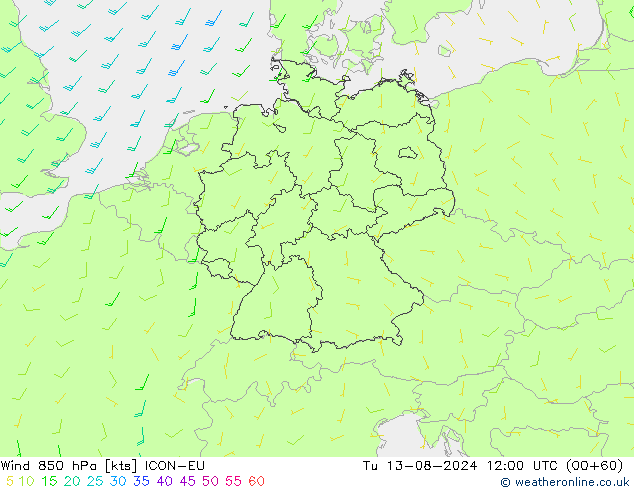 Wind 850 hPa ICON-EU di 13.08.2024 12 UTC