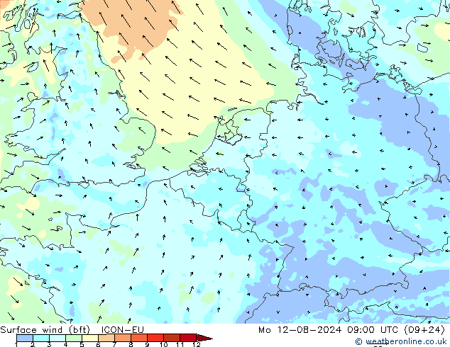 Wind 10 m (bft) ICON-EU ma 12.08.2024 09 UTC