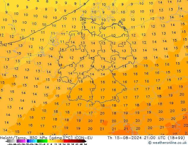 Hoogte/Temp. 850 hPa ICON-EU do 15.08.2024 21 UTC