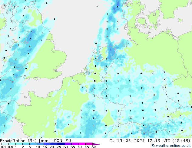 Totale neerslag (6h) ICON-EU di 13.08.2024 18 UTC