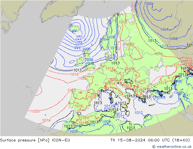 地面气压 ICON-EU 星期四 15.08.2024 06 UTC