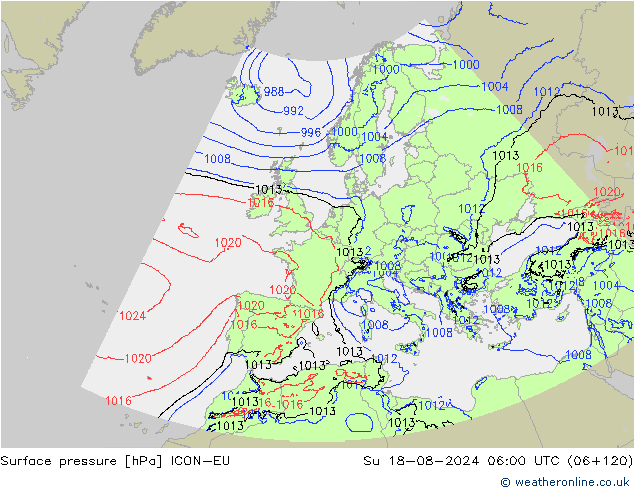 地面气压 ICON-EU 星期日 18.08.2024 06 UTC