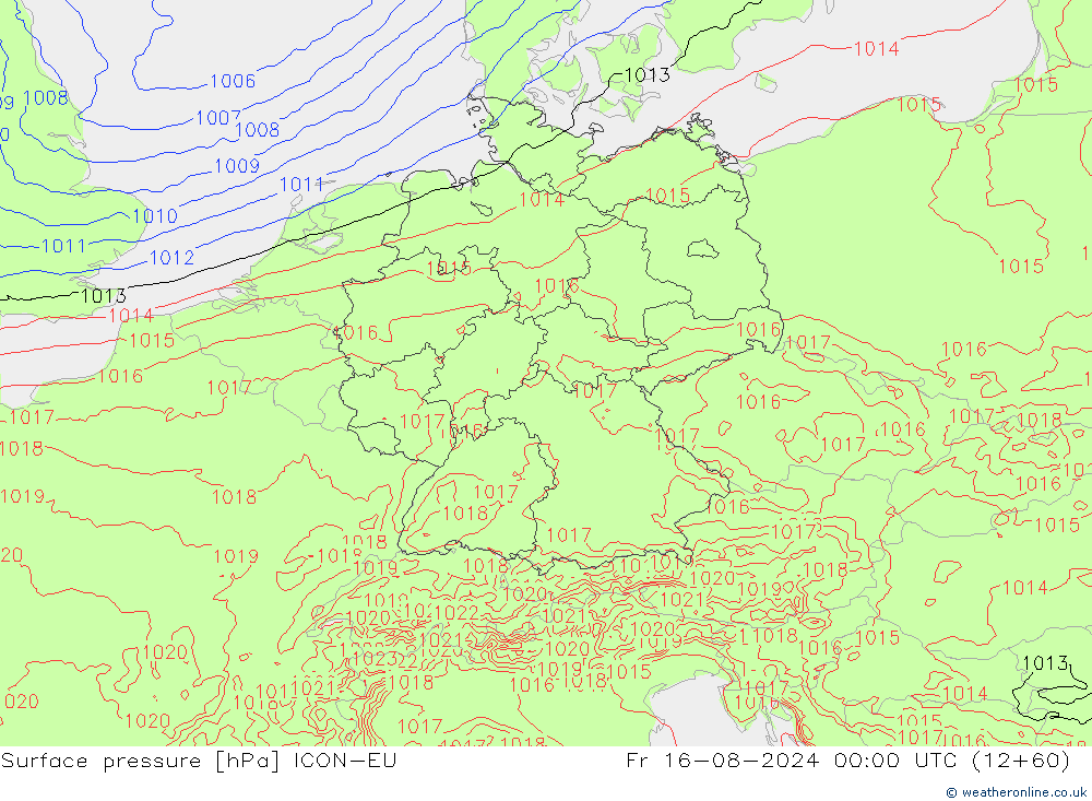 地面气压 ICON-EU 星期五 16.08.2024 00 UTC