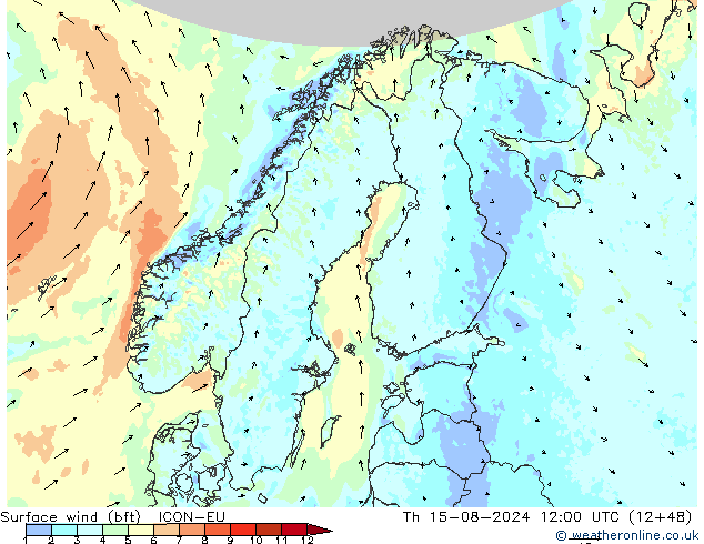 Wind 10 m (bft) ICON-EU do 15.08.2024 12 UTC