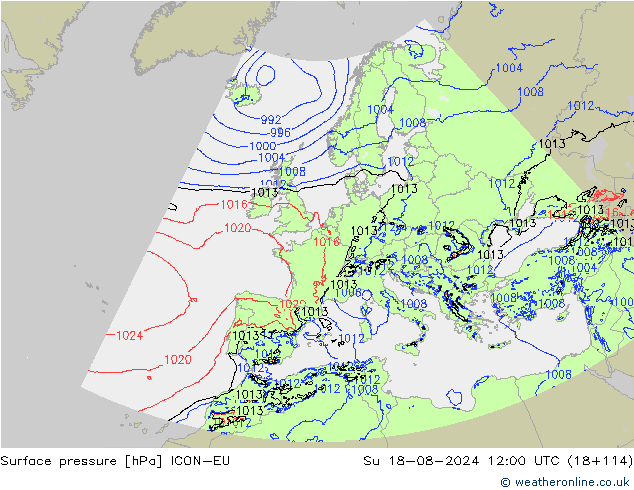 地面气压 ICON-EU 星期日 18.08.2024 12 UTC