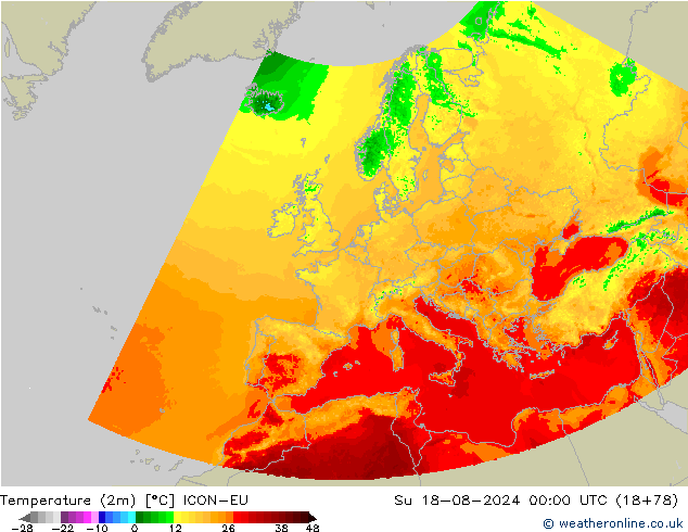 Temperatuurkaart (2m) ICON-EU zo 18.08.2024 00 UTC