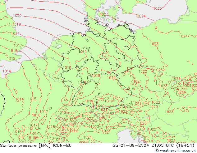 Surface pressure ICON-EU Sa 21.09.2024 21 UTC