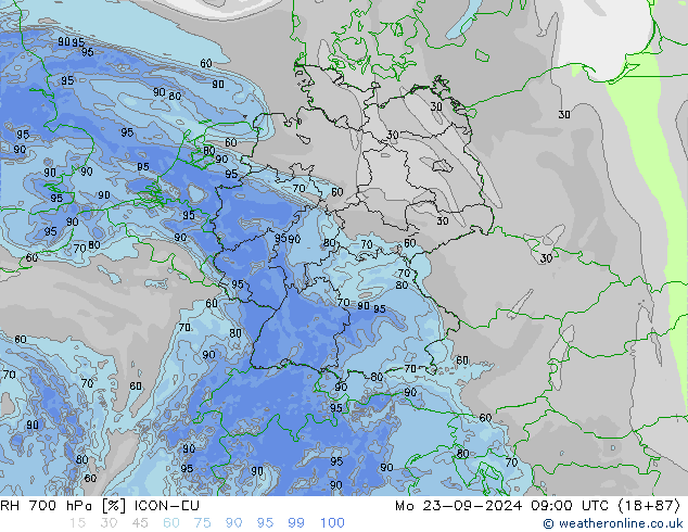 RH 700 hPa ICON-EU pon. 23.09.2024 09 UTC