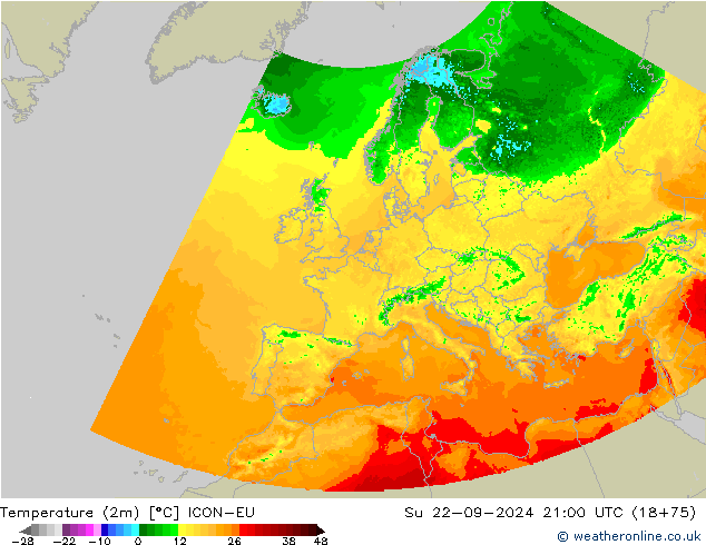 Sıcaklık Haritası (2m) ICON-EU Paz 22.09.2024 21 UTC