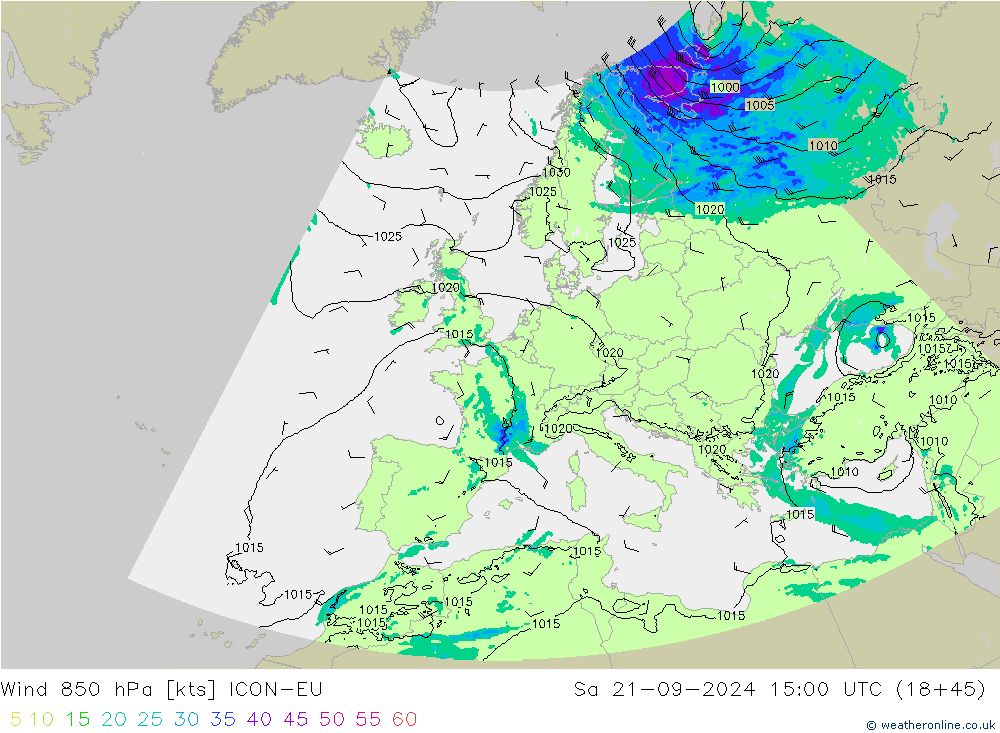 Wind 850 hPa ICON-EU Sa 21.09.2024 15 UTC