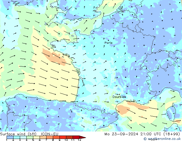 Rüzgar 10 m (bft) ICON-EU Pzt 23.09.2024 21 UTC